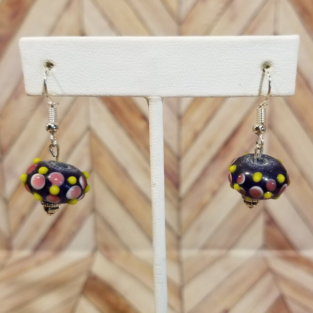 Blue, Pink, Yellow, and White Glass Bead Earrings